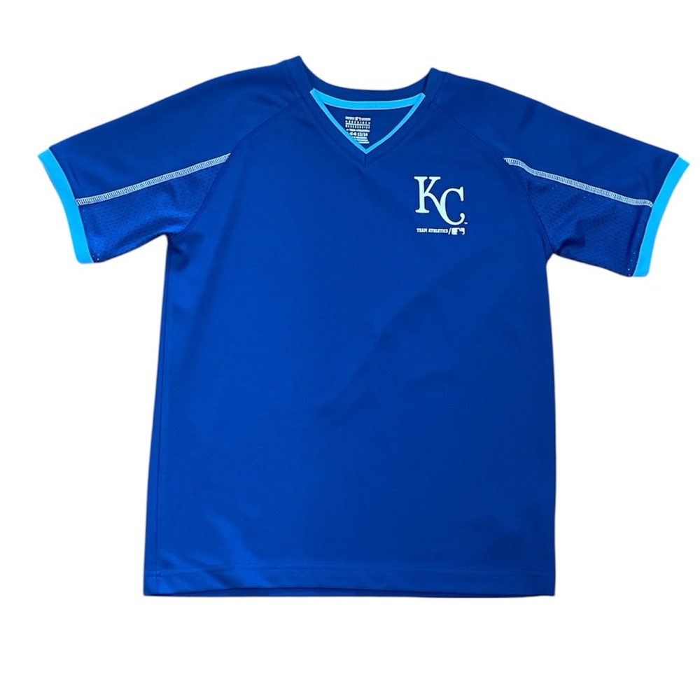 GENUINE MERCHANDISE KC ROYALS BOYS V-NECK SHORT SLEEVE JERSEY SIZE LARGE 12/14